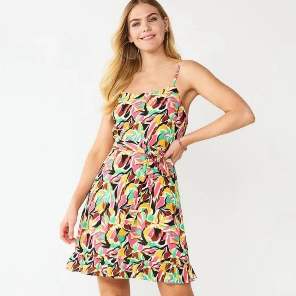 🆕 Nine West Crosshatch Spaghetti Strap Flutter Hem Tie Waist Dress | M